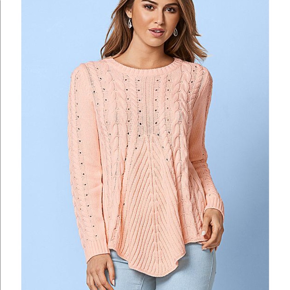 CUTE LIGHT PINK CABLED LACE UP SWEATER